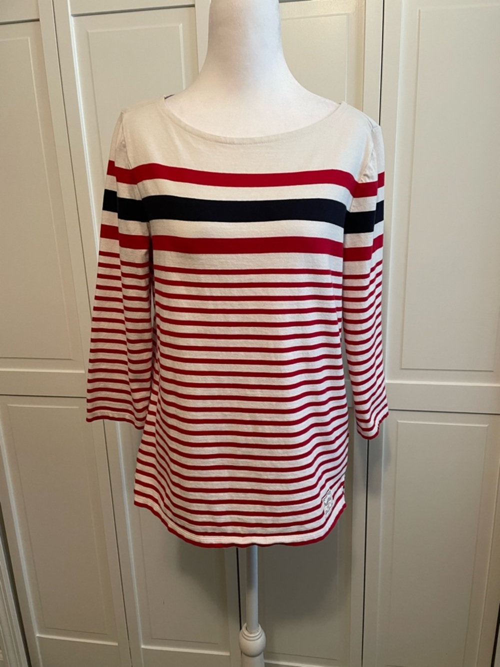 Talbots Cream Top with Red and Navy Stripes